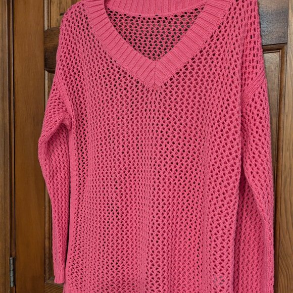 Talbot's Hot Pink Crochet V-Neck Sweater, Long Sleeves, Large - Picture 1 of 14